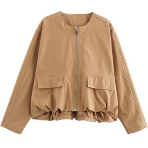 NWOT Cropped Bomber Jacket Long Sleeve Zip Up Casual Coats Loose Fit w/Pockets